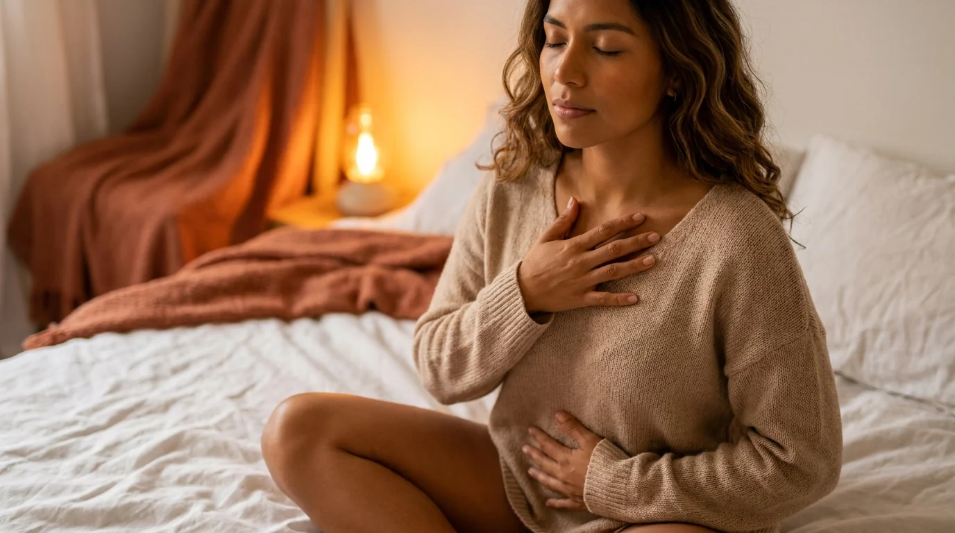 Mujer practicando respiración consciente para calmar la ansiedad nocturna