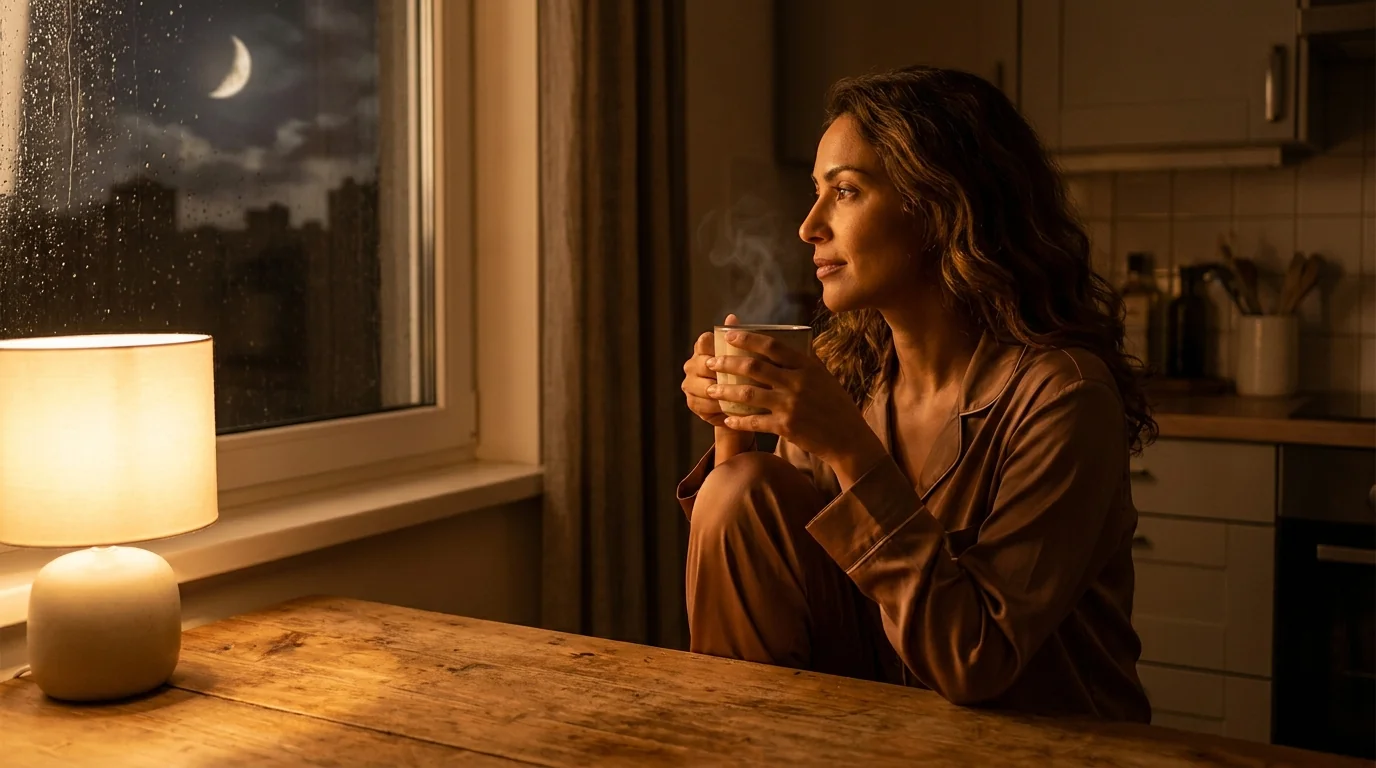 Mujer tomando té junto a la ventana contemplando la luna en la noche