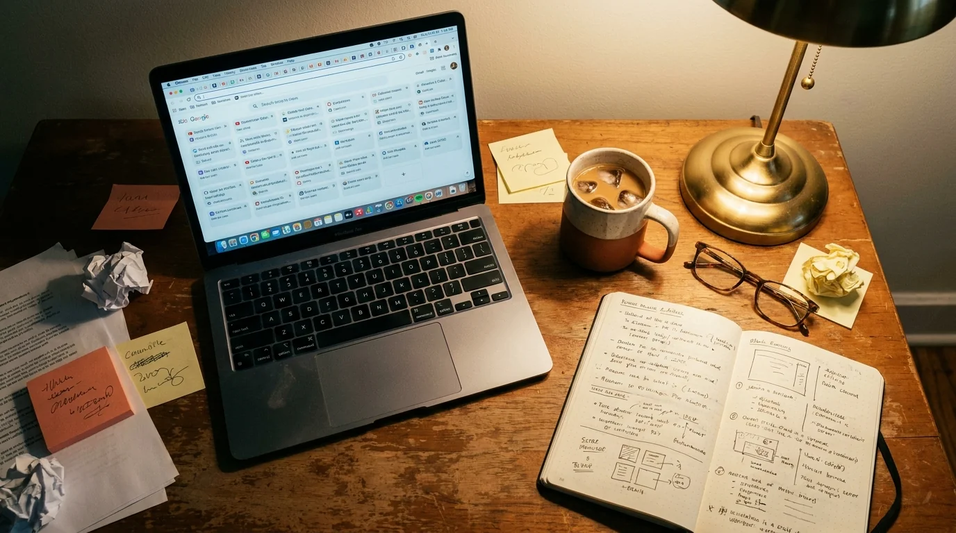 Escritorio caótico con portátil y café frío al final de un día agotador de trabajo