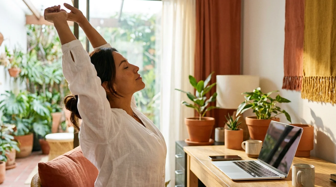 Mujer haciendo una pausa consciente y estirándose en su oficina en casa