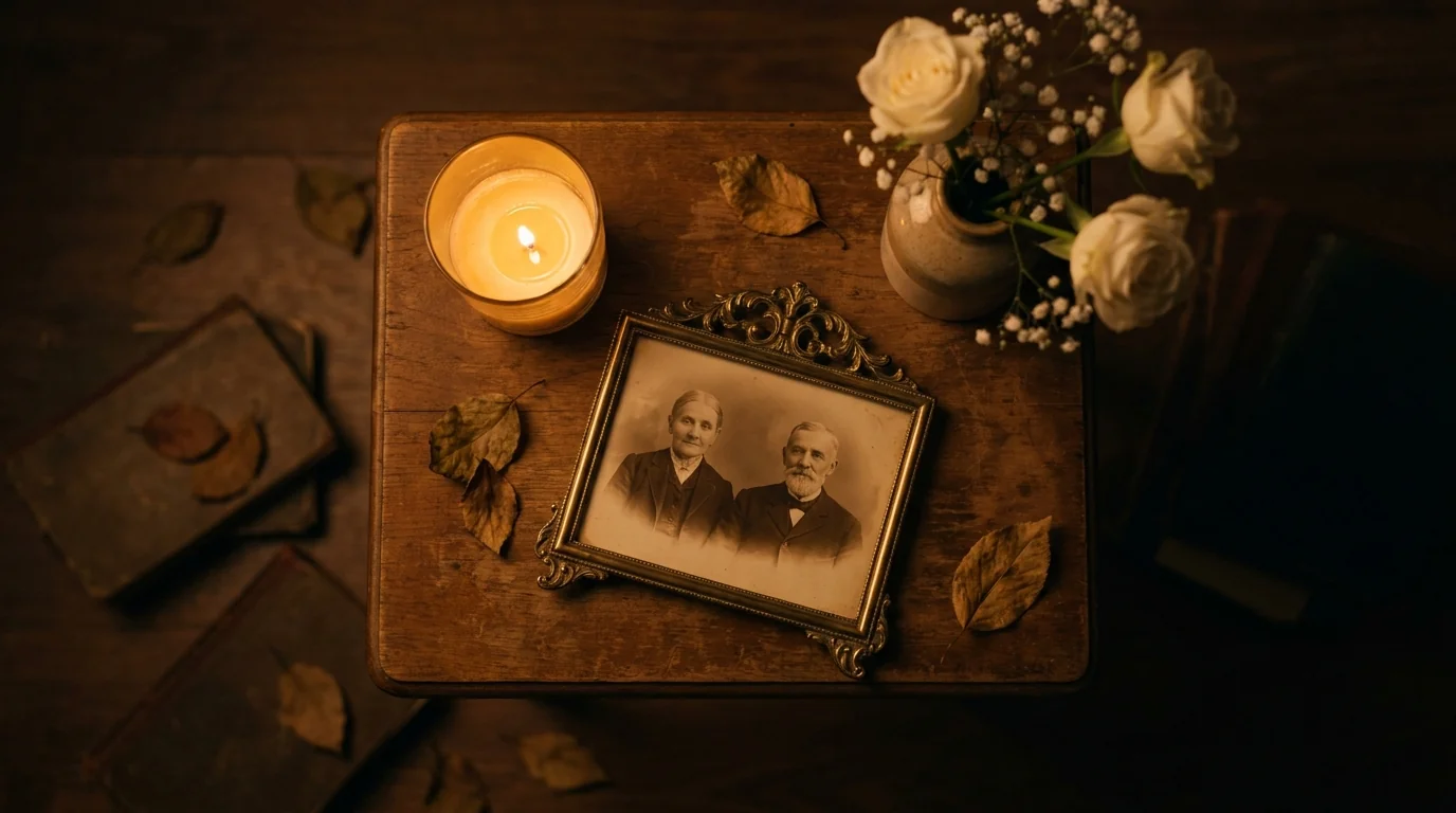 Vela encendida junto a una foto enmarcada en memoria de un ser querido