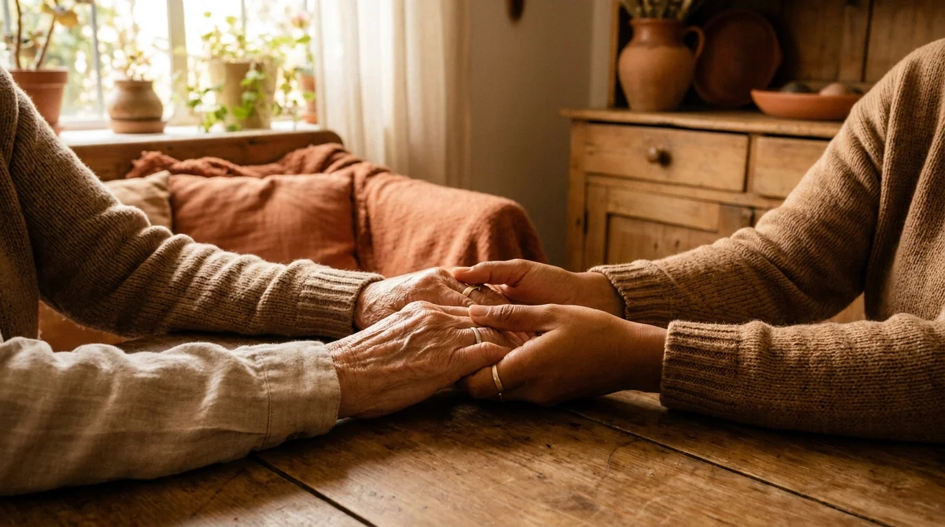 Manos jóvenes sosteniendo con cariño las manos arrugadas de la madre cuidada