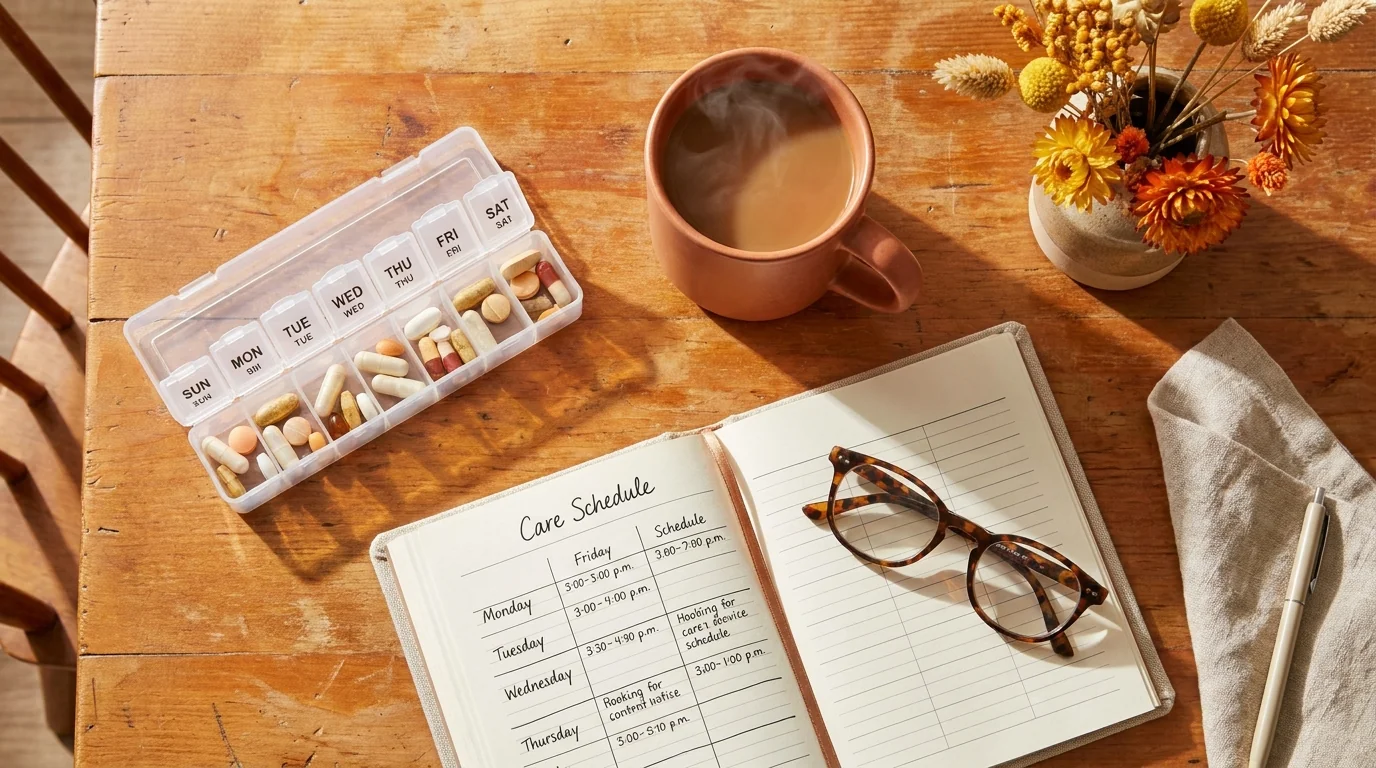 Pastillero semanal agenda y café organizando la rutina de cuidado familiar