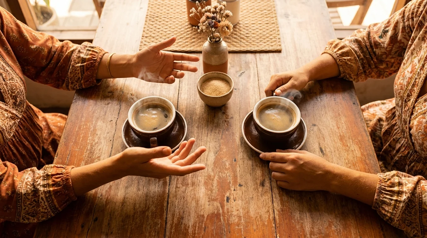 Vista cenital de tazas de café entre dos mujeres en una conversación profunda