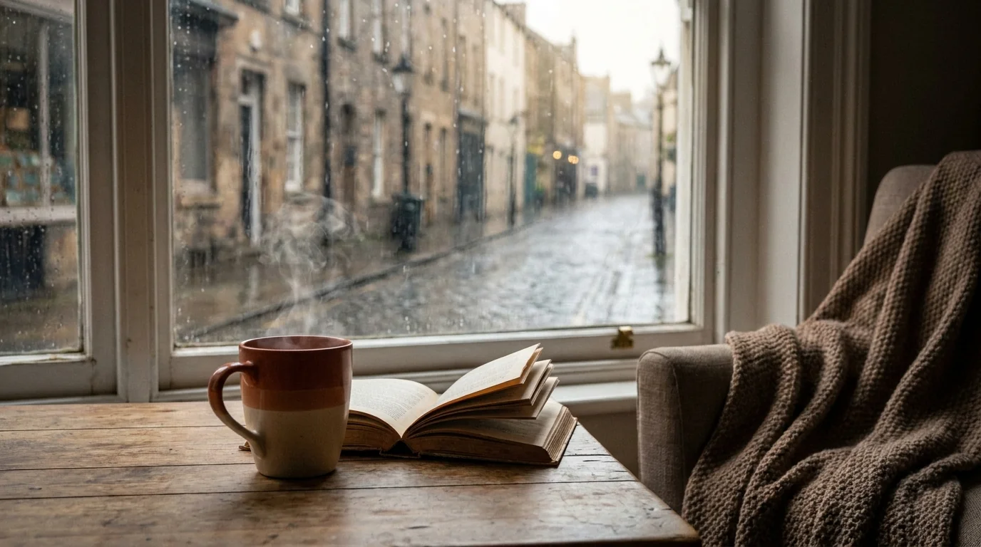 Taza de café humeante junto a una ventana lluviosa, soledad serena en casa