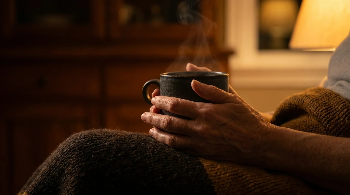 Manos sosteniendo una taza de té caliente en la noche durante un momento íntimo