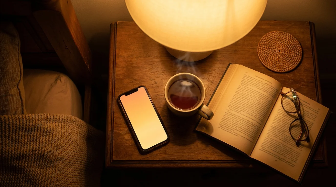 Teléfono móvil encendido sobre mesita de noche junto a una taza de té