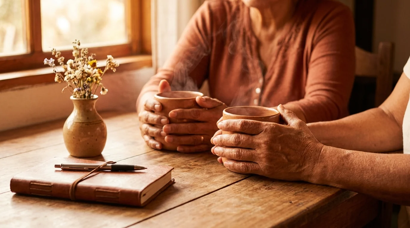 Manos de dos mujeres sosteniendo tazas de té durante una conversación profunda