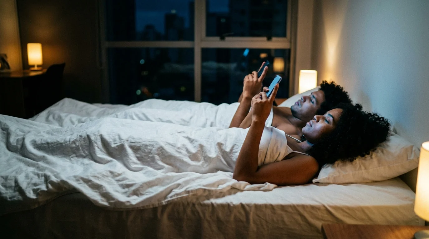 Pareja en la cama mirando sus teléfonos en lugar de conectar entre ellos