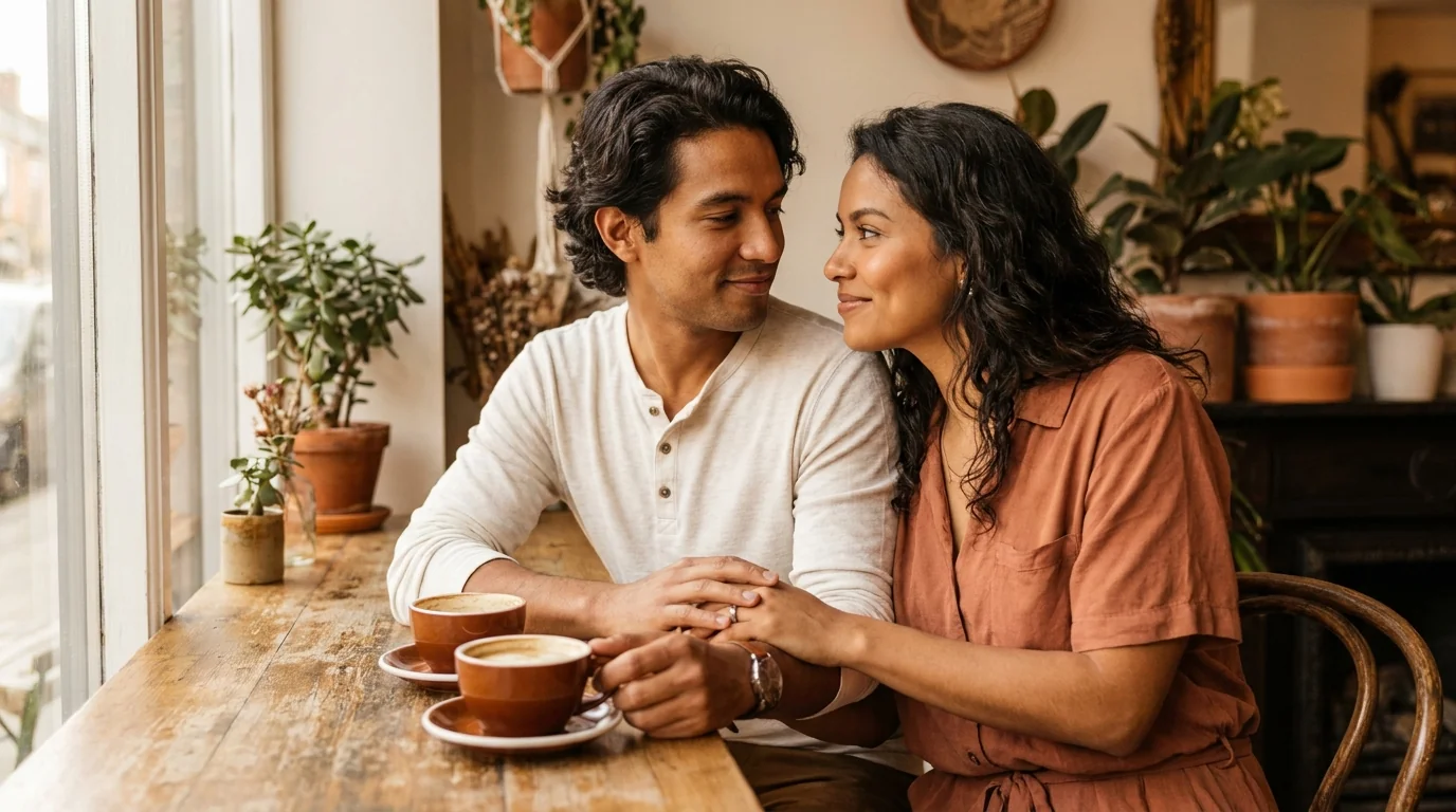 Pareja conversando profundamente en un café para reconectar emocionalmente