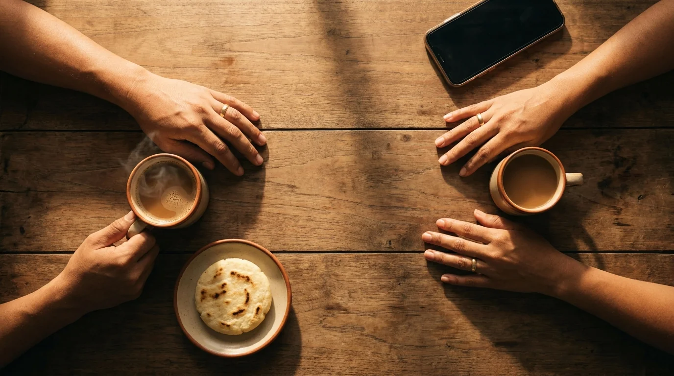 Vista cenital de manos de pareja distante durante el desayuno en silencio