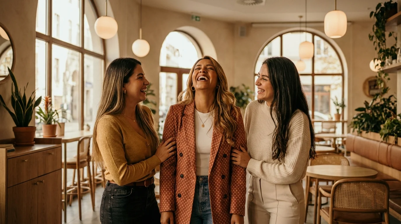 Tres amigas riendo en un café apoyándose mutuamente para sanar una ruptura