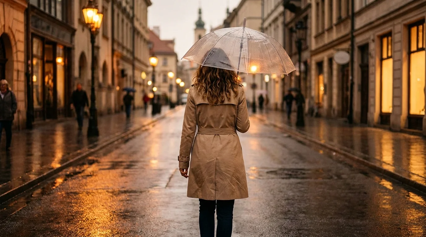 Mujer caminando bajo la lluvia con paraguas reflexionando tras una ruptura amorosa
