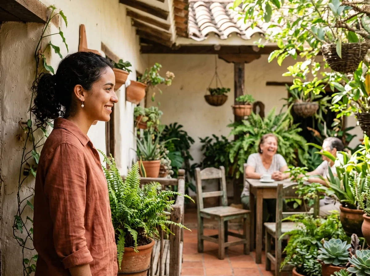 Mujer joven observando con admiración serena a una mujer mayor que ríe en un patio con plantas