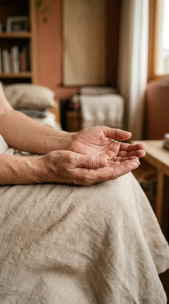 Manos de una mujer adulta descansando abiertas sobre su regazo, en un momento de pausa
