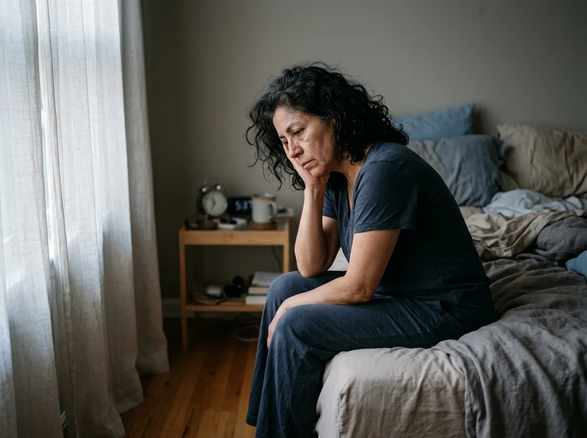 Mujer sentada en el borde de la cama al amanecer, cansada antes de empezar el día