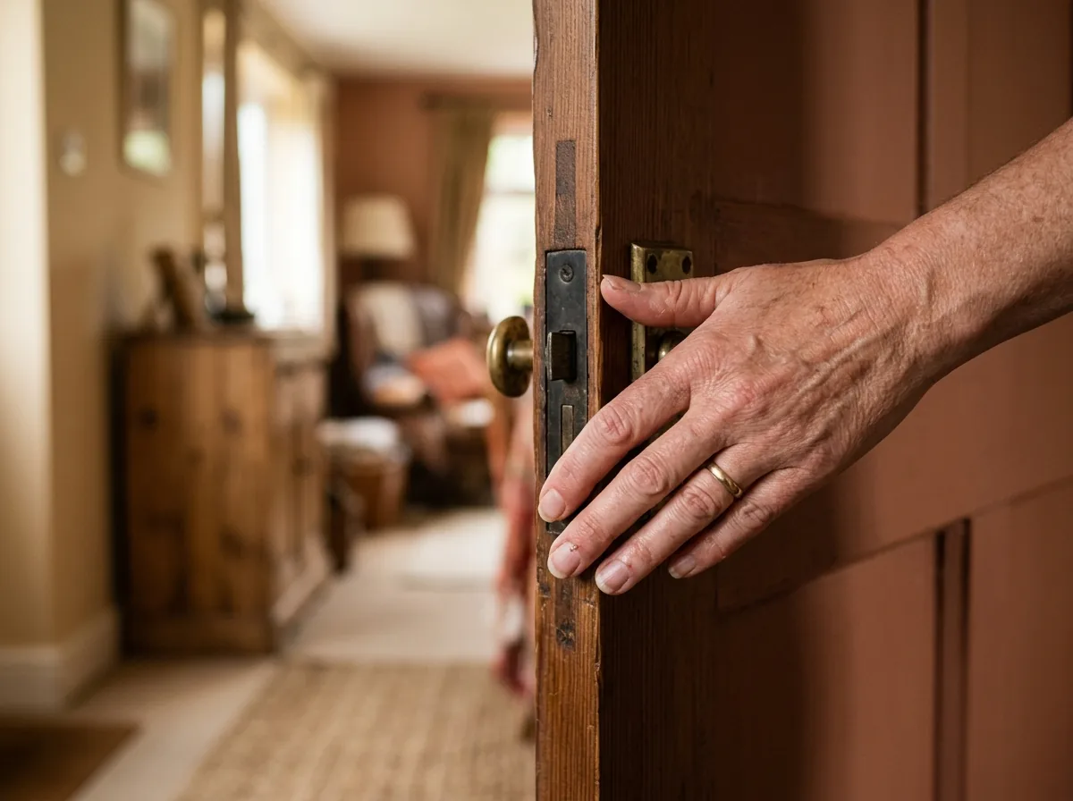 Mano adulta apoyada en el picaporte de una puerta de madera entreabierta, a punto de abrirla