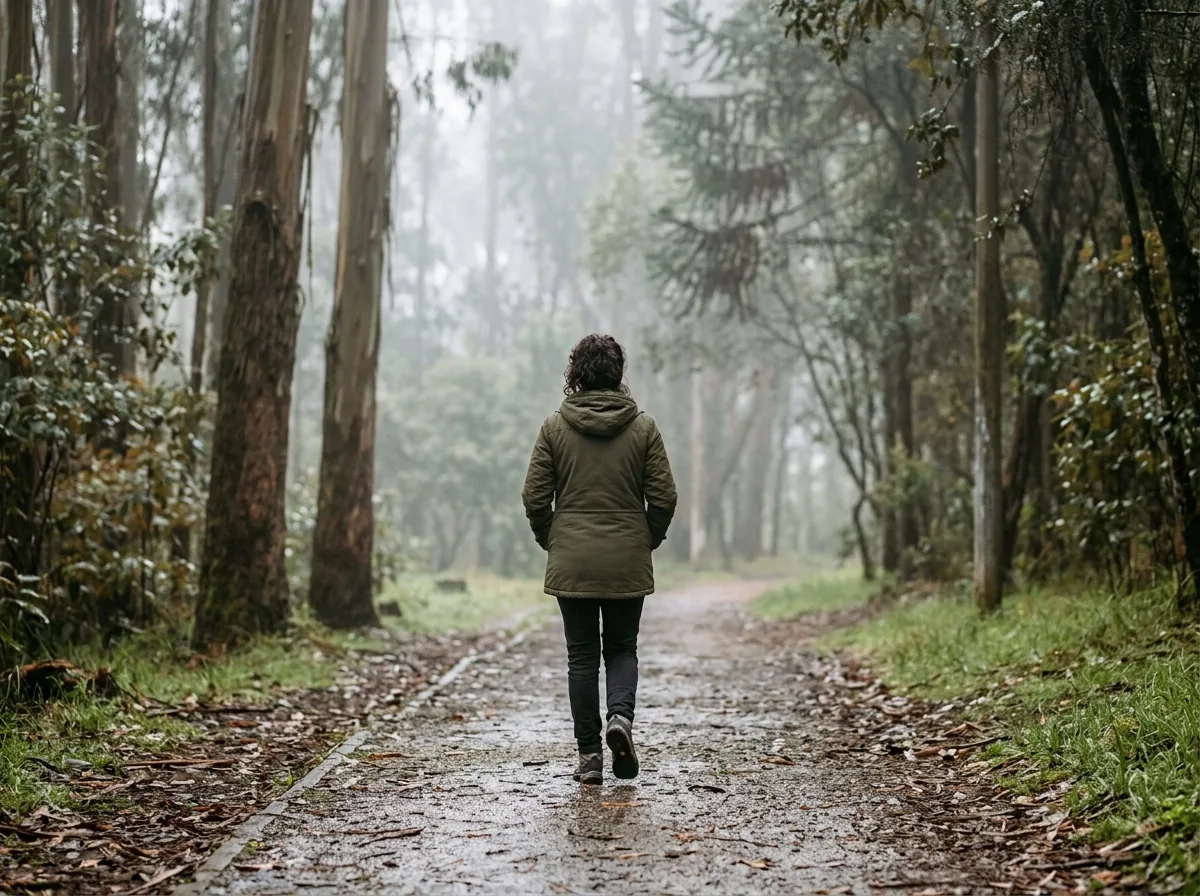 Mujer caminando sola y sin prisa por un sendero arbolado de un parque de Bogotá