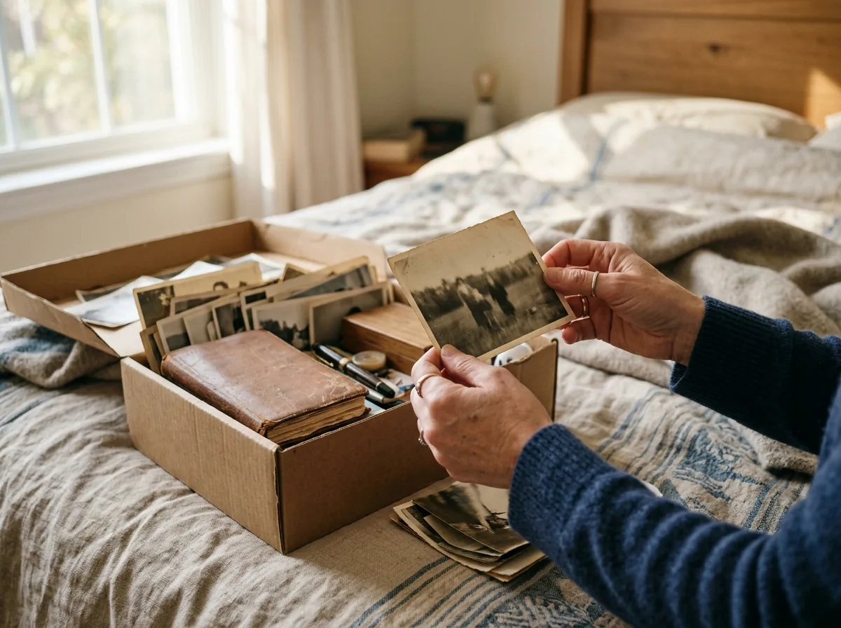 Manos sosteniendo una fotografía antigua sacada de una caja con recuerdos personales