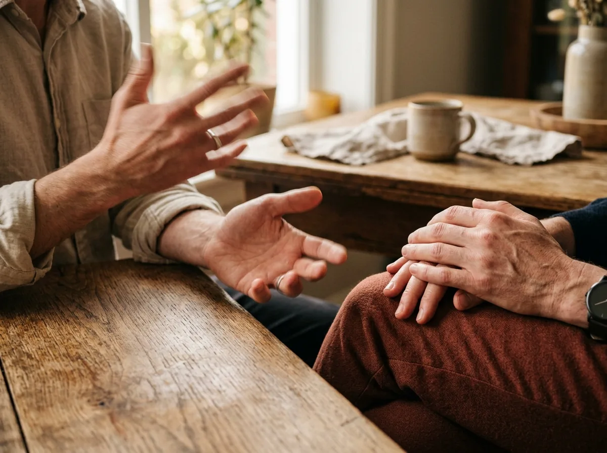 Manos de dos personas sentadas frente a frente, una hablando y la otra escuchando en quietud