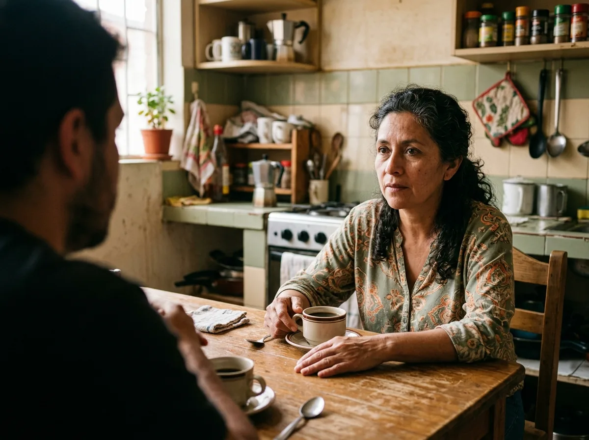 Mujer escuchando con atención a otra persona en la mesa de una cocina, sin interrumpir