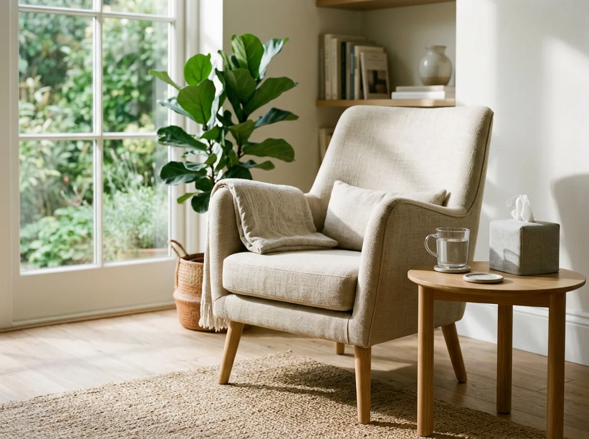 Sillón vacío junto a una mesita en una habitación luminosa, listo para una conversación