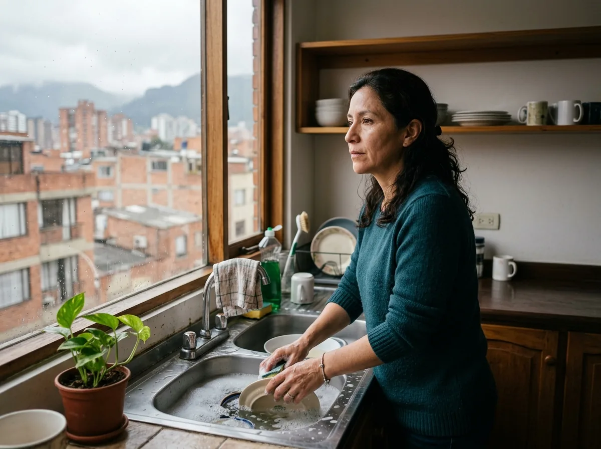 Mujer de pie frente al lavaplatos mirando por la ventana, sola en casa, con la mirada perdida