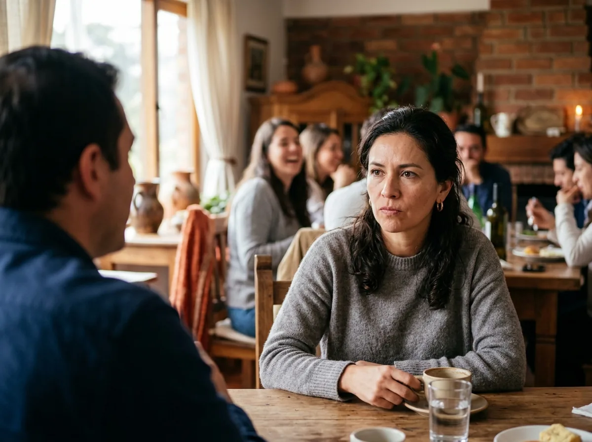 Mujer escuchando con la mandíbula tensa a alguien en una reunión, con molestia contenida