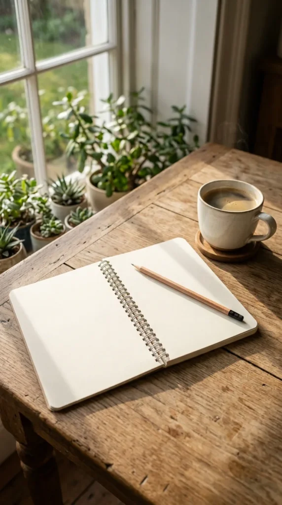 Libreta abierta en una página en blanco junto a una taza de café, sobre una mesa de madera