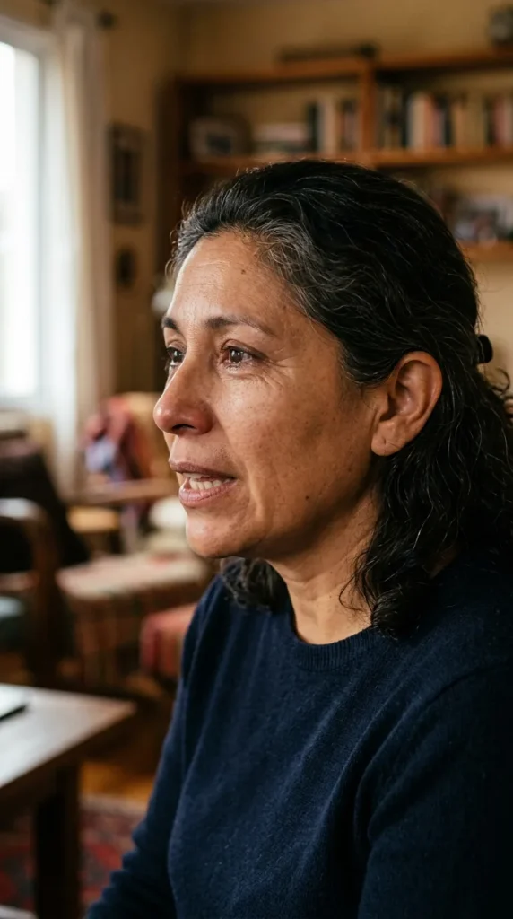 Mujer hablando con expresión de alivio contenido mientras alguien la escucha
