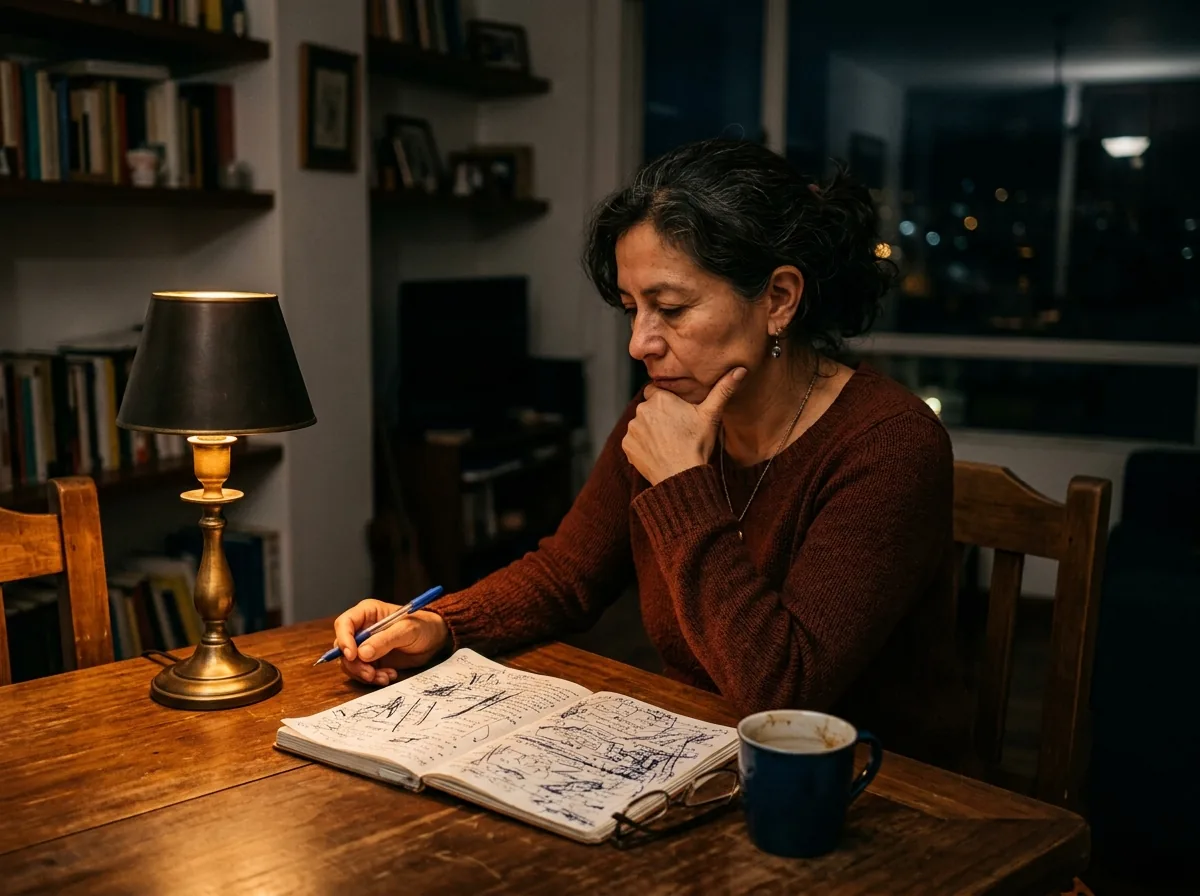 Mujer sentada de noche a la mesa del comedor con una libreta llena de anotaciones, pensando