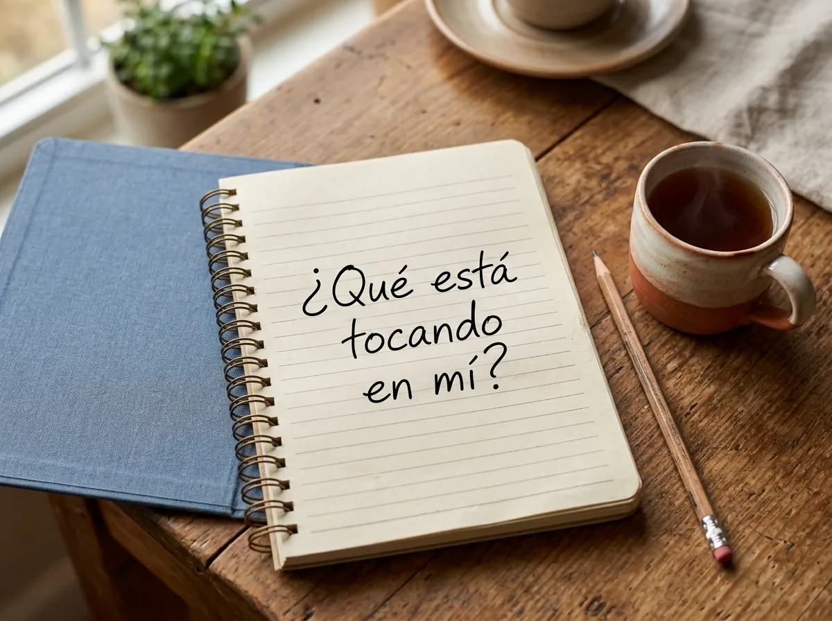 Libreta abierta sobre una mesa de madera con la pregunta escrita a mano: ¿Qué está tocando en mí?