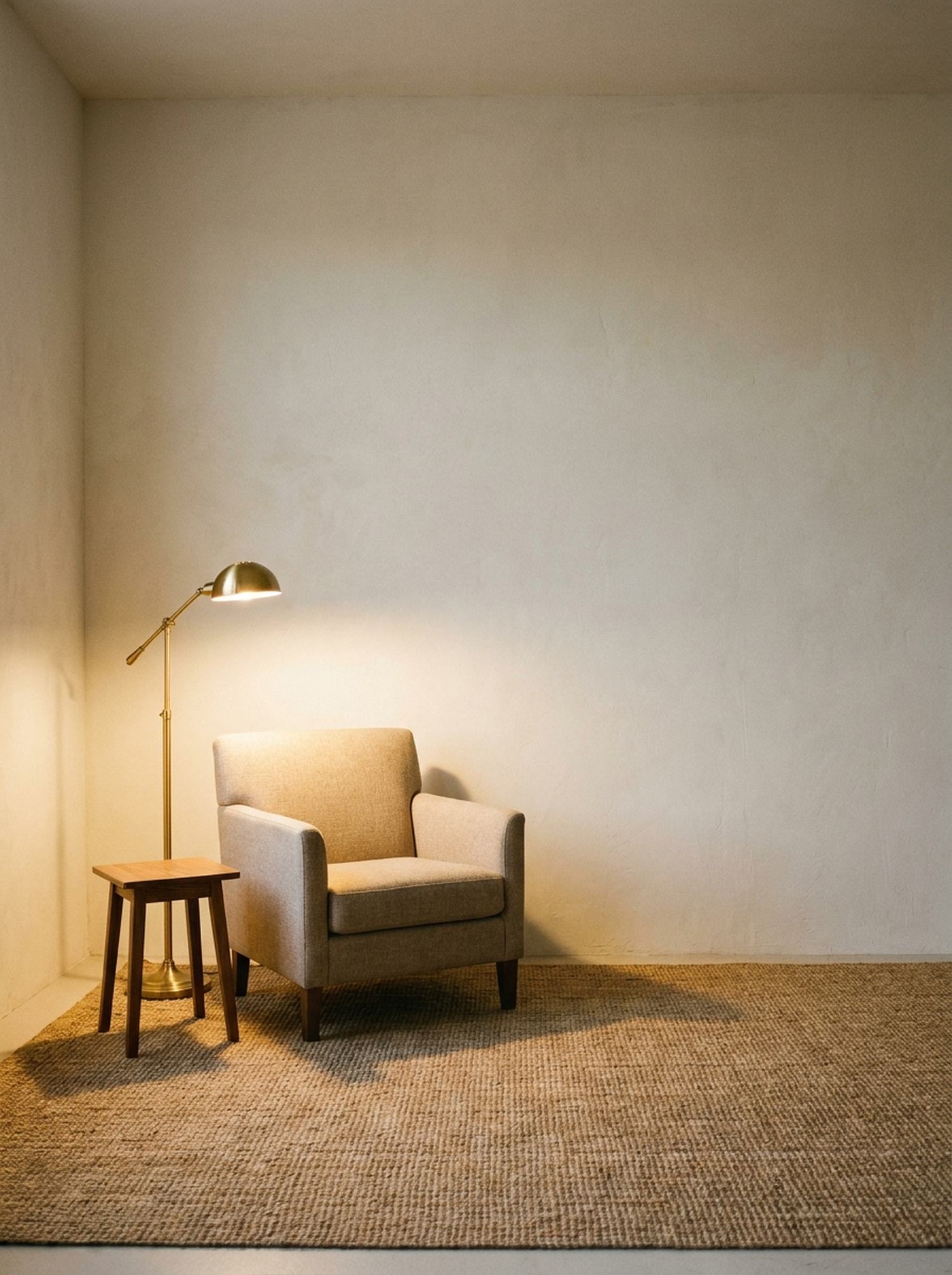 Sillón junto a una lámpara encendida