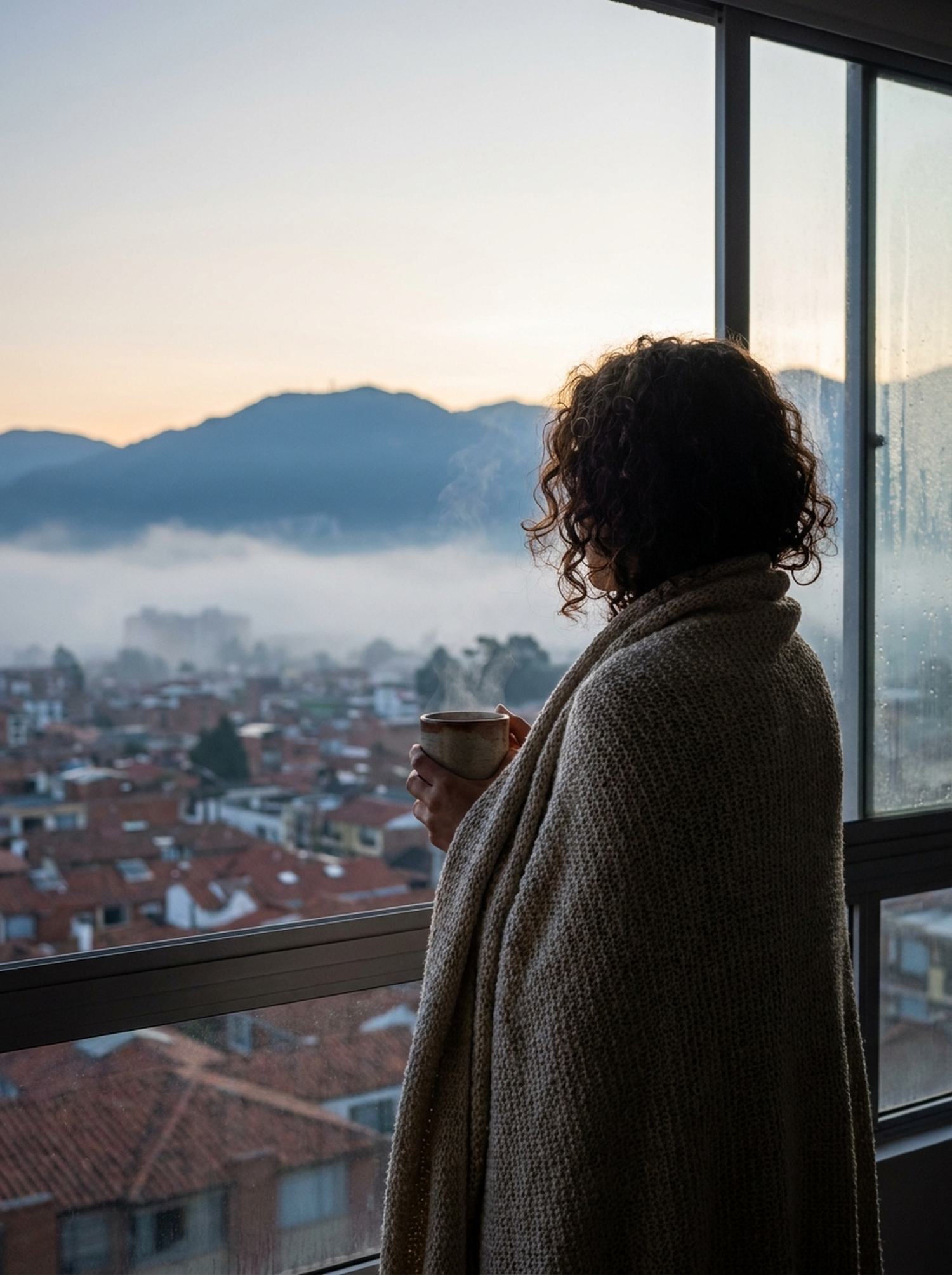 Mujer con una taza mirando por la ventana