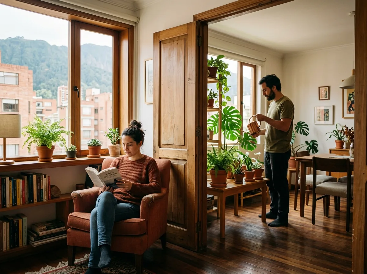 Dos personas en habitaciones contiguas de un apartamento, cada una en lo suyo y sin tensión