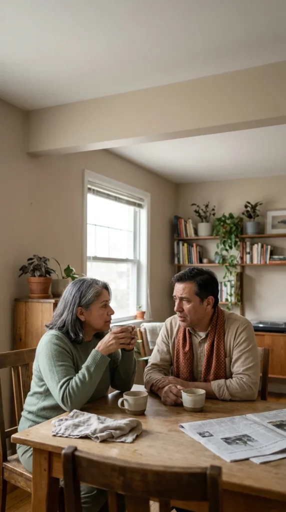 Pareja de mediana edad hablando con calma a la mesa del comedor después de una discusión