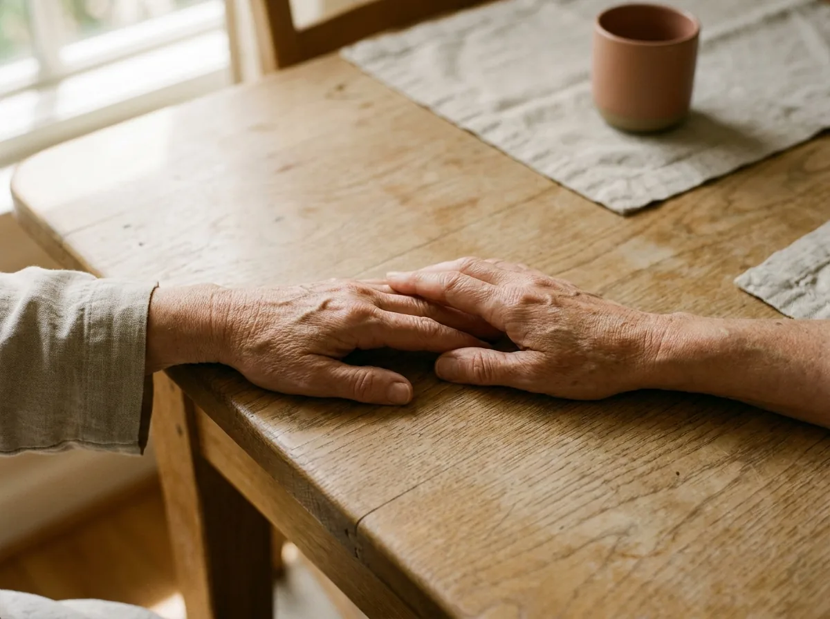 Dos manos adultas que se encuentran con suavidad sobre una mesa de madera