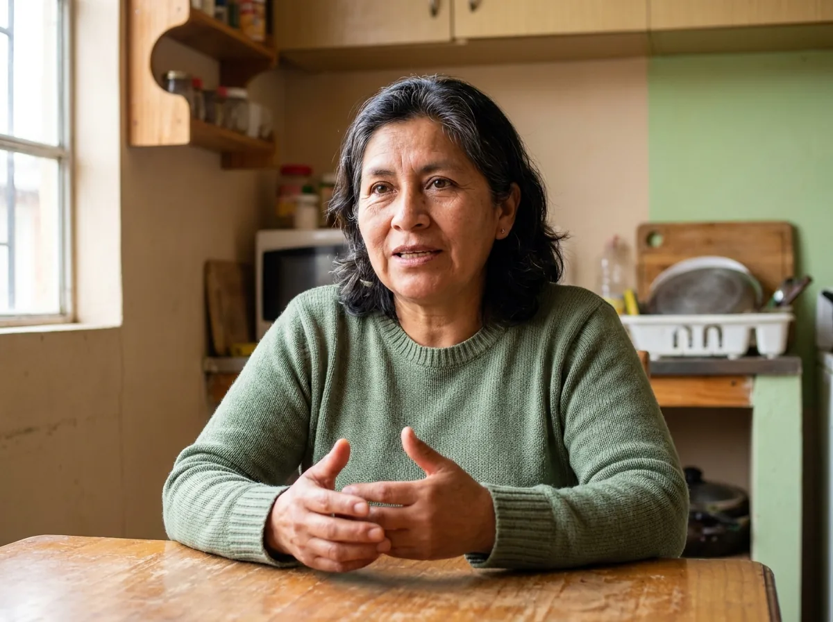 Mujer hablando con calma y firmeza serena, con las manos apoyadas sobre la mesa