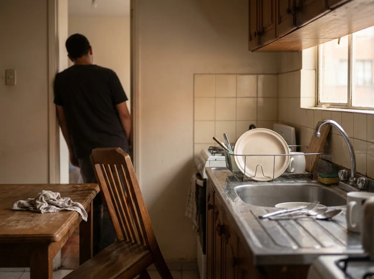 Cocina con los restos de una discusión cotidiana y una figura de espaldas en la puerta