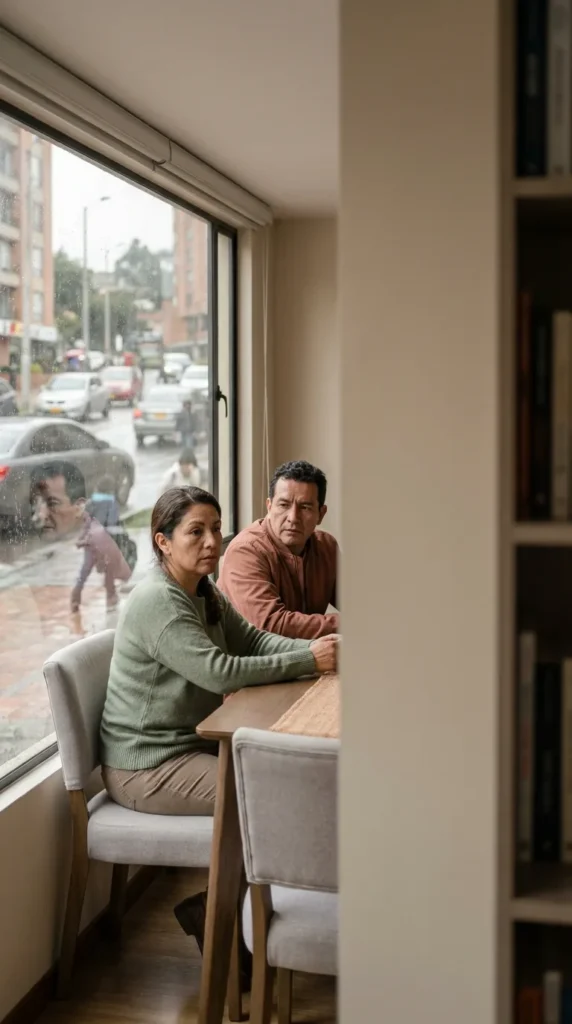 Pareja sentada junto a una ventana en mitad de una conversación seria y tranquila