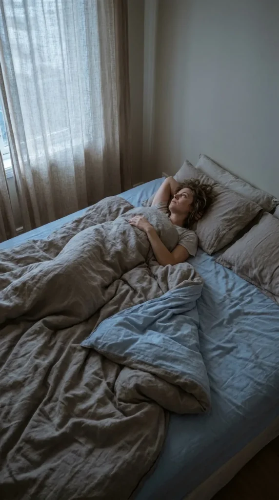 Persona despierta en la cama al amanecer, con el otro lado de la cama vacío