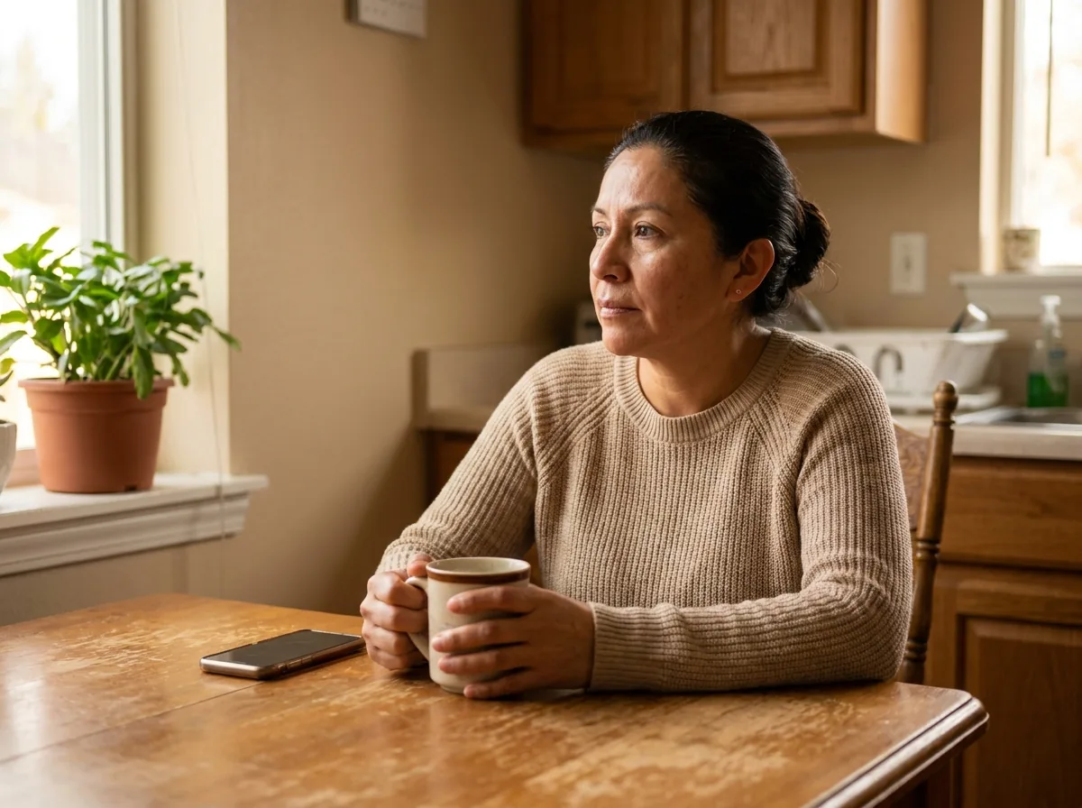Mujer sola en la cocina con una taza entre las manos y el celular boca abajo sobre la mesa